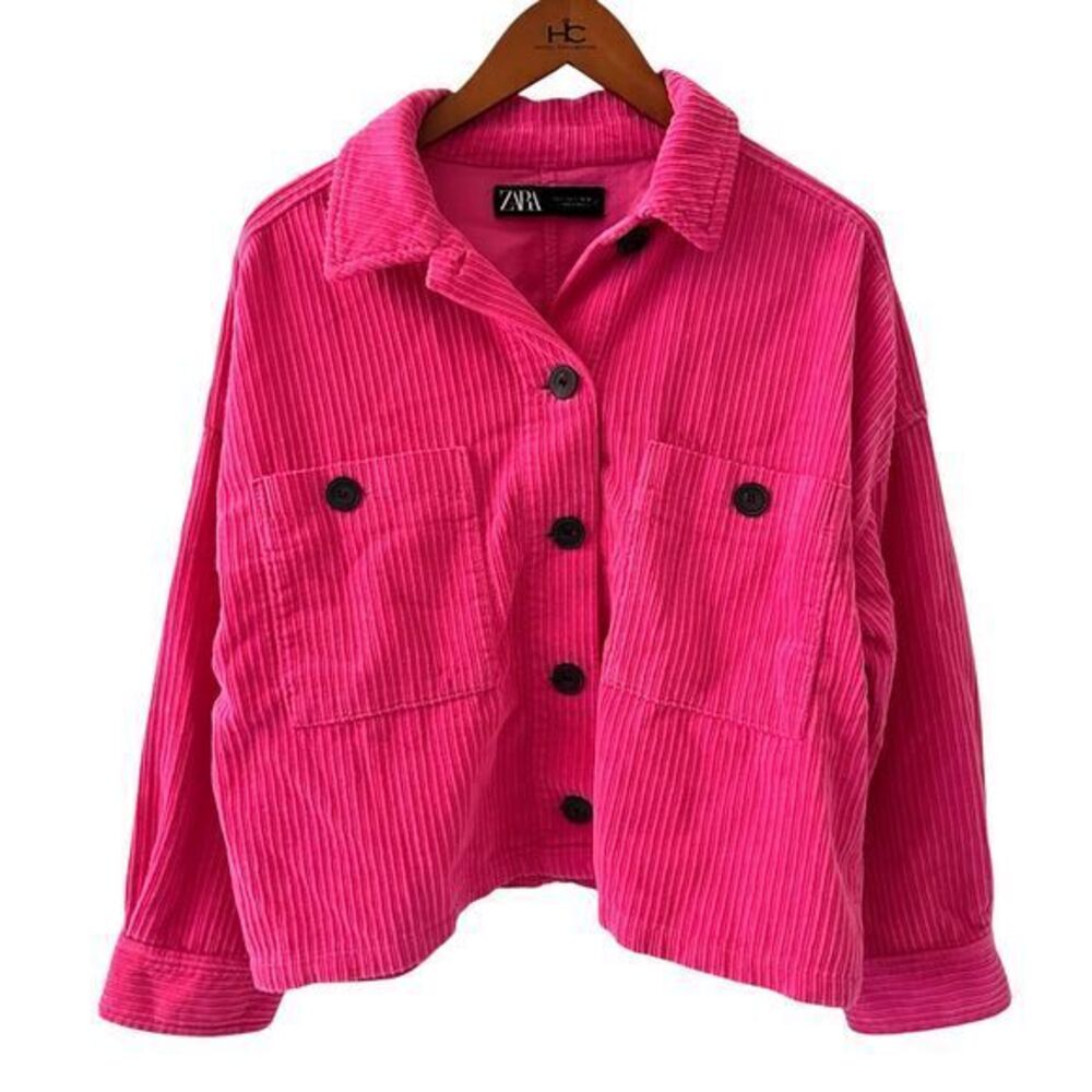 Zara Bright Pink Black Corduroy Short Boxy Button-Up Spring Jacket - Size L